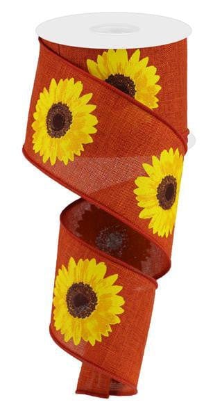 2.5"X10YD BOLD SUNFLOWER ON ROYAL - RUST/YELLOW/ORANGE/BROWN Craig Bachman RG0181374