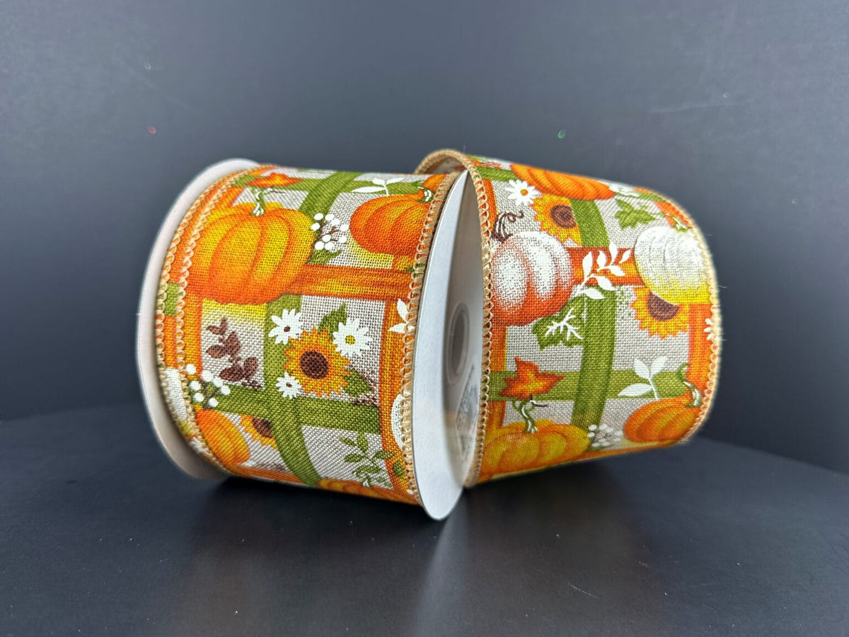 2.5"x10yd Natural Linen Fall Trellis Pumpkins Jascotina 61604-40-08