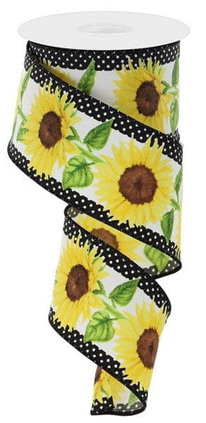 2.5"X10yd Sunflowers W/Polka Dots - White/Yellow/Brown/Green Craig Bachman RGE110527