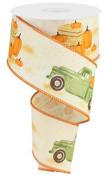 2.5"X10YD Truck W/Pumpkins On Royal - Cream/Moss/Orange/Brown Shirley's Direct RG01836C2