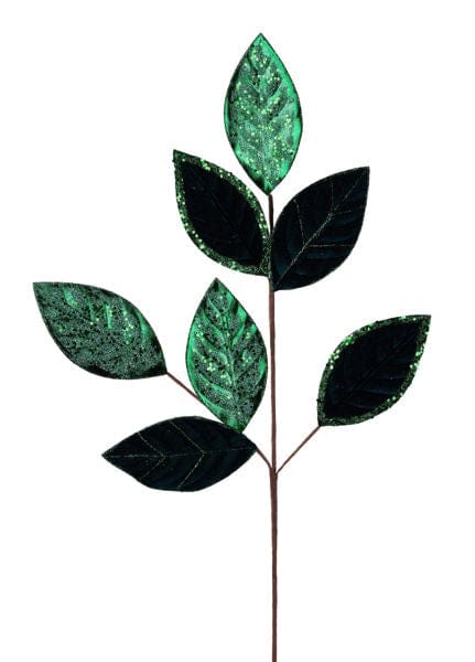 27"L Velvet/Glitter Magnolia Leaf Spray-EMERALD GREEN Craig Bachman X230206