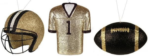 3 Asst Football/Helmet/Jersey Ornaments in Black/Metallic Gold and White Shirley's Direct MS1301X9