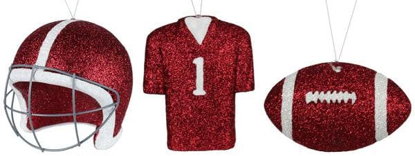 3 Asst Football/Helmet/Jersey Ornaments in Crimson and White Shirley's Direct MS1300E1