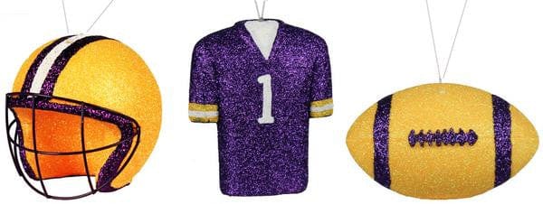 3 Asst Football/Helmet/Jersey Ornaments in Yellow, Purple and White Shirley's Direct MS1302E4