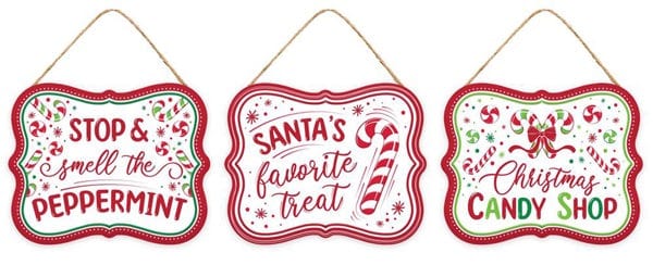 3Asst 5"Lx4"H Embss Christmas Candy Sign Craig Bachman MD1447