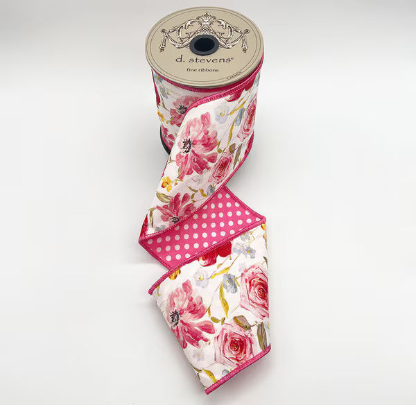 4" x 10" poplin mix roses polka dot backing, pink yellow D.Stevens 18-4887