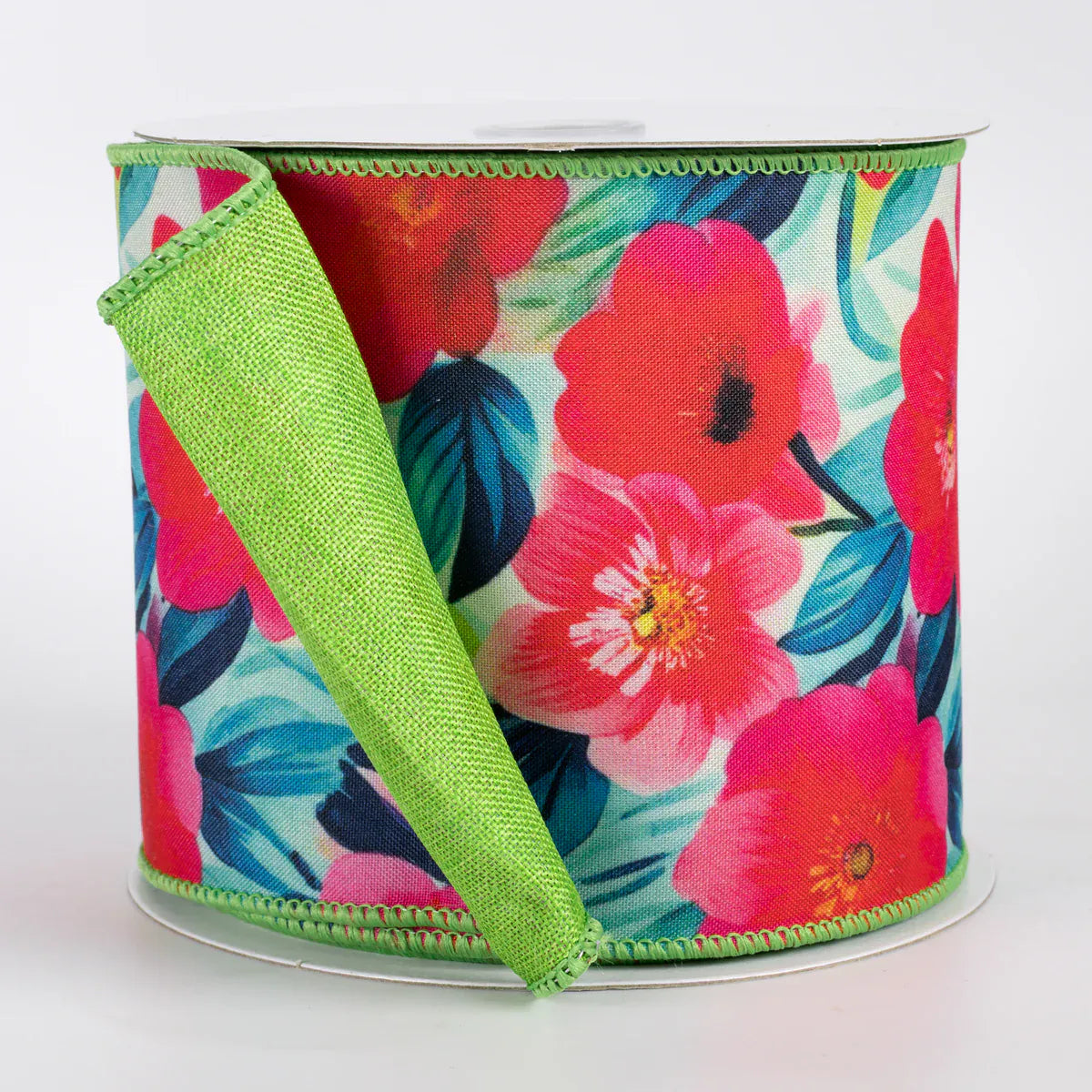 4" X 10YD Double Sided Fused Begonia Flowers Ribbon - Lime Green Jascotina D43608-04-44
