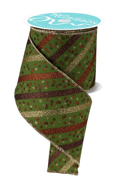 4" x 10yd Glitter Stripe W/Confetti Dots - Moss Grn/Gld/Brwn/Copper Craig Bachman RIBBON RGF1994AA