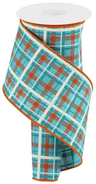 4" x 10yd Printed Plaid/Royal - Light Teal/Dark Orange/Turquoise/Light Natural Craig Bachman Ribbon RGC1542A6