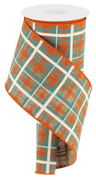 4" x 10yd Printed Plaid/Royal - Tan/Dark Orange/Turquoise/Light Natural Craig Bachman Ribbon RGC1542F2