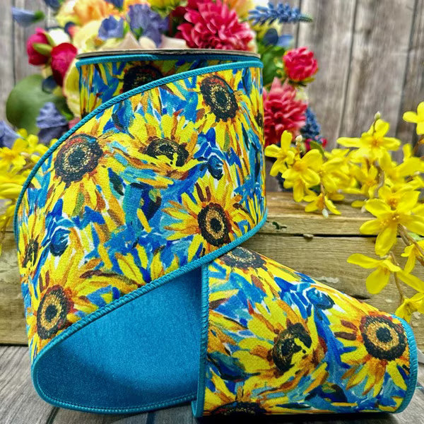 4" x 10yds dupion impressionism sunflowers, blue yellow D.Stevens 05-1017