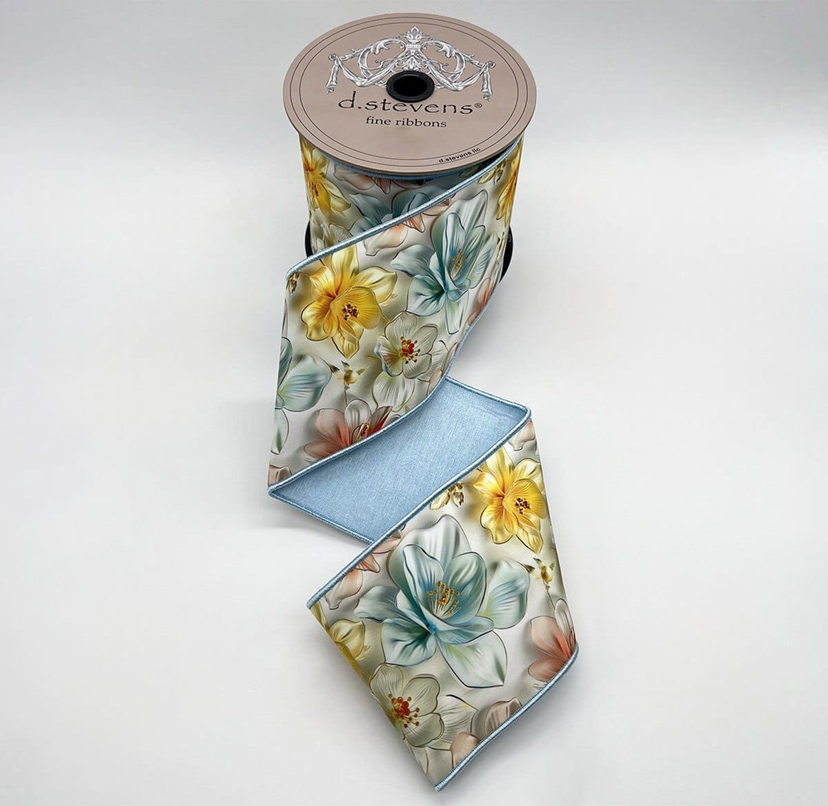 4" x 10yds taffeta acrylic mix colorful spring flowers, coral yellow blue NO TWO ALIKE D.Stevens 45-0236
