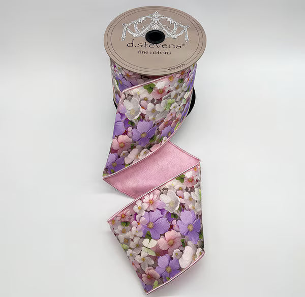 4" x 10yds taffeta collage cosmo flowers, pink lavender ivory NO TWO ALIKE D.Stevens 18-0227
