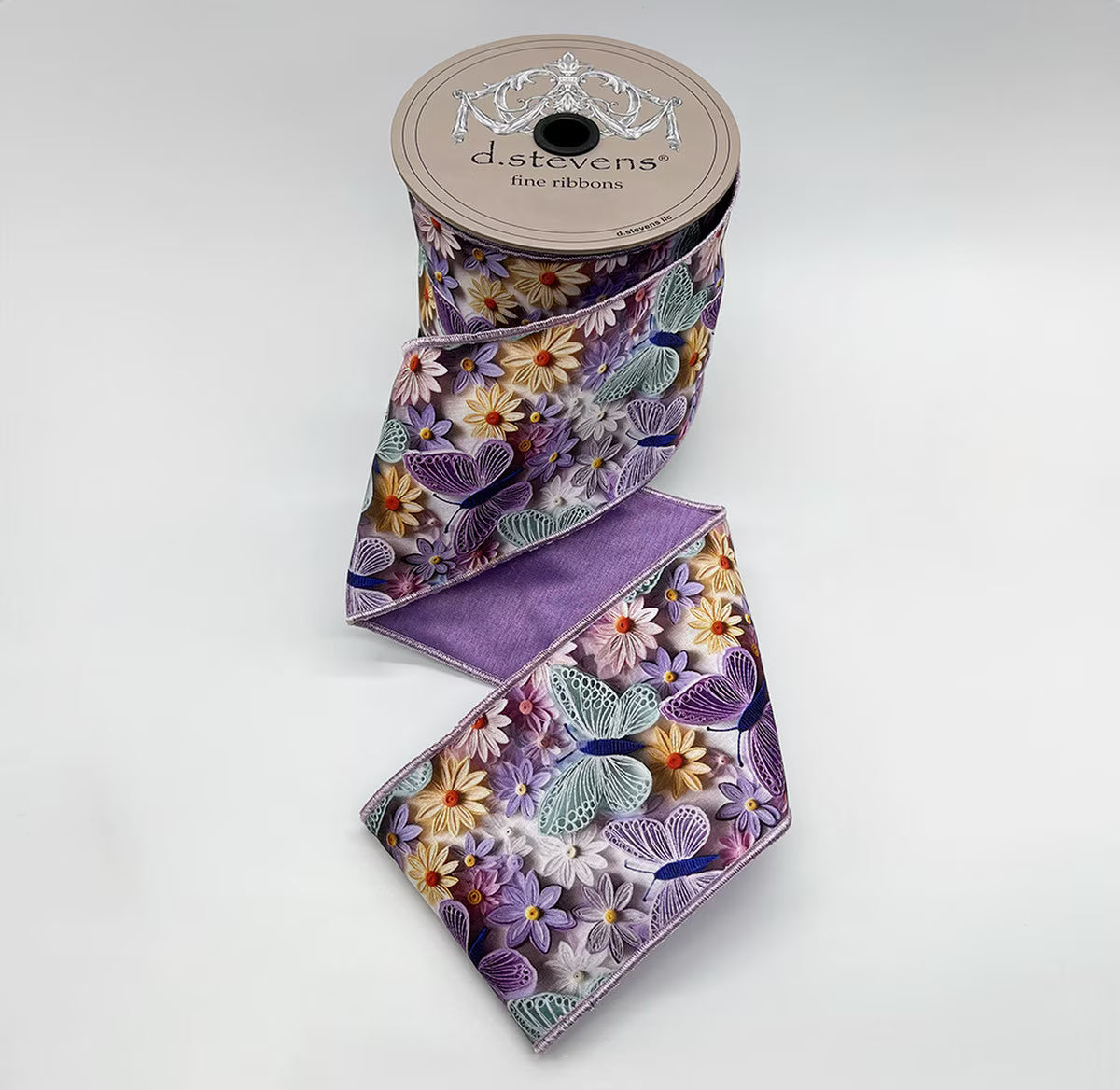 4" x 10yds taffeta collage floral butterflies, lavender mint buttercream NO TWO ALIKE D.Stevens 45-0257