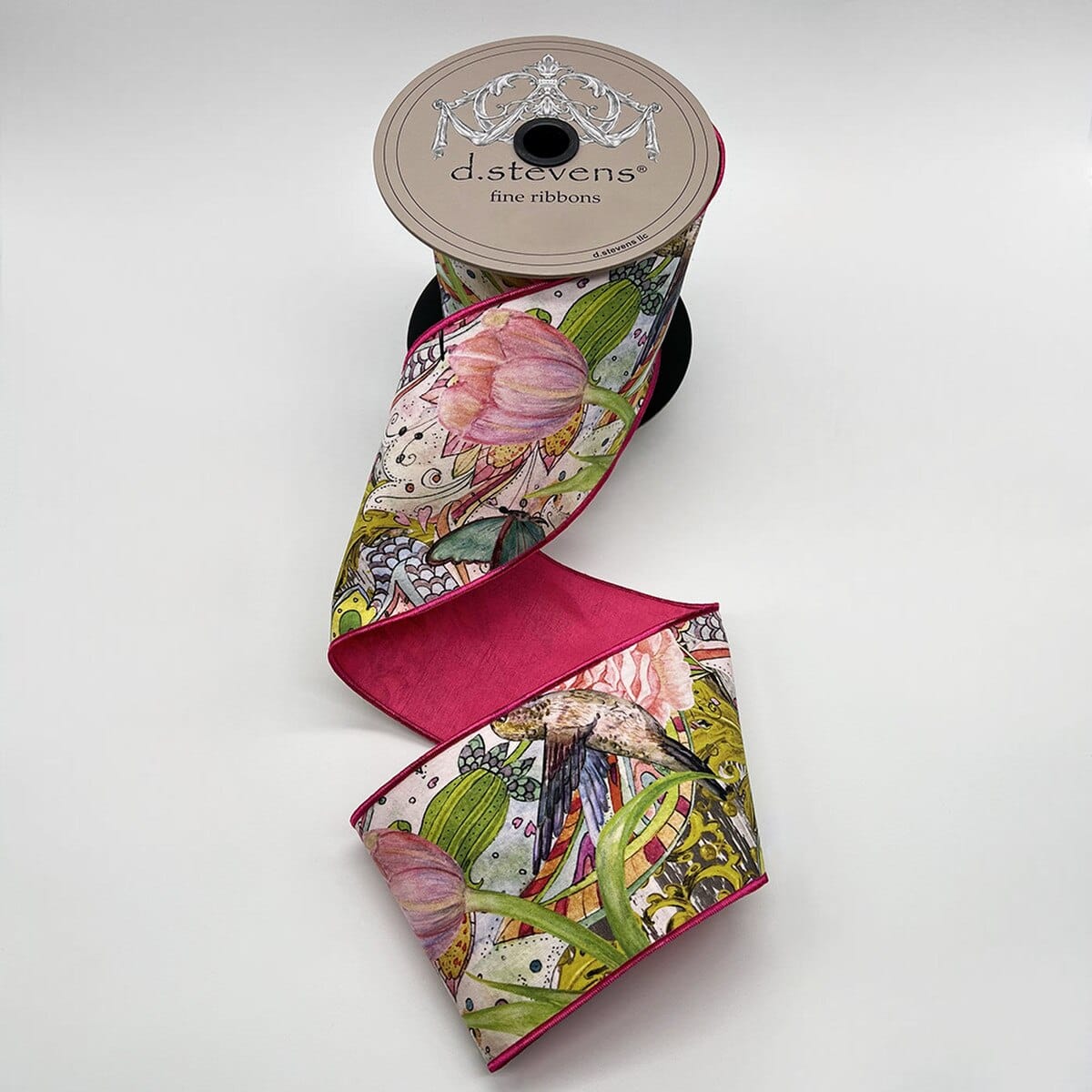 4" x 10yds taffeta collage floral butterfly bird hot pink back, lime aqua blue NO 2 ALIKE D.Stevens 45-0272