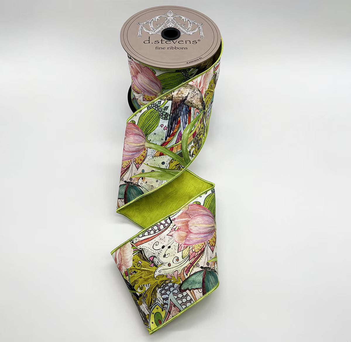 4" x 10yds taffeta spring collage floral butterfly bird lime back, pink aqua blue NO TWO ALIKE D.Stevens 45-0278