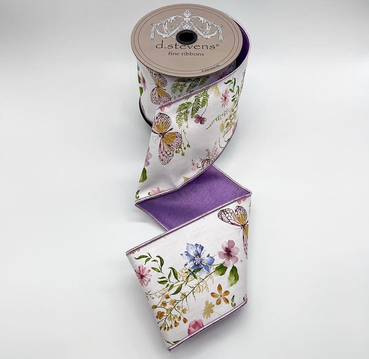 4" x 10yds taffeta spring floral garden butterflies, green lavender blue NO TWO ALIKE D.Stevens 45-0266