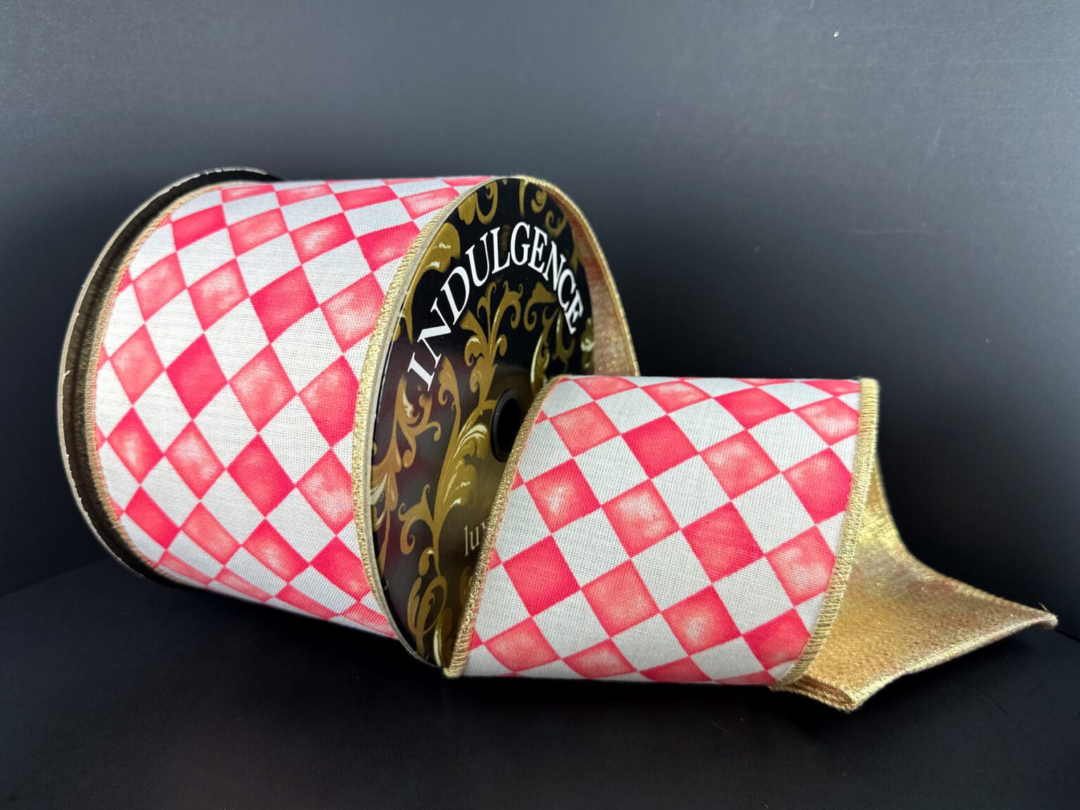 4"X10YD WATERCOLOR HARLEQUIN CHECK W/GOLD METALLIC BACK – PINK Jascotina D73639-04-03