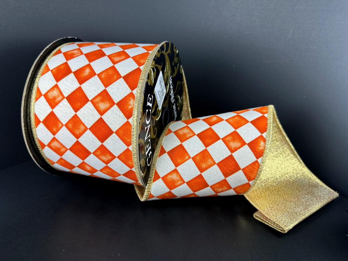 4"X10YD WATERCOLOR HARLEQUIN CHECK W/GOLD METALLIC BACK – RUST Jascotina D73639-04-19
