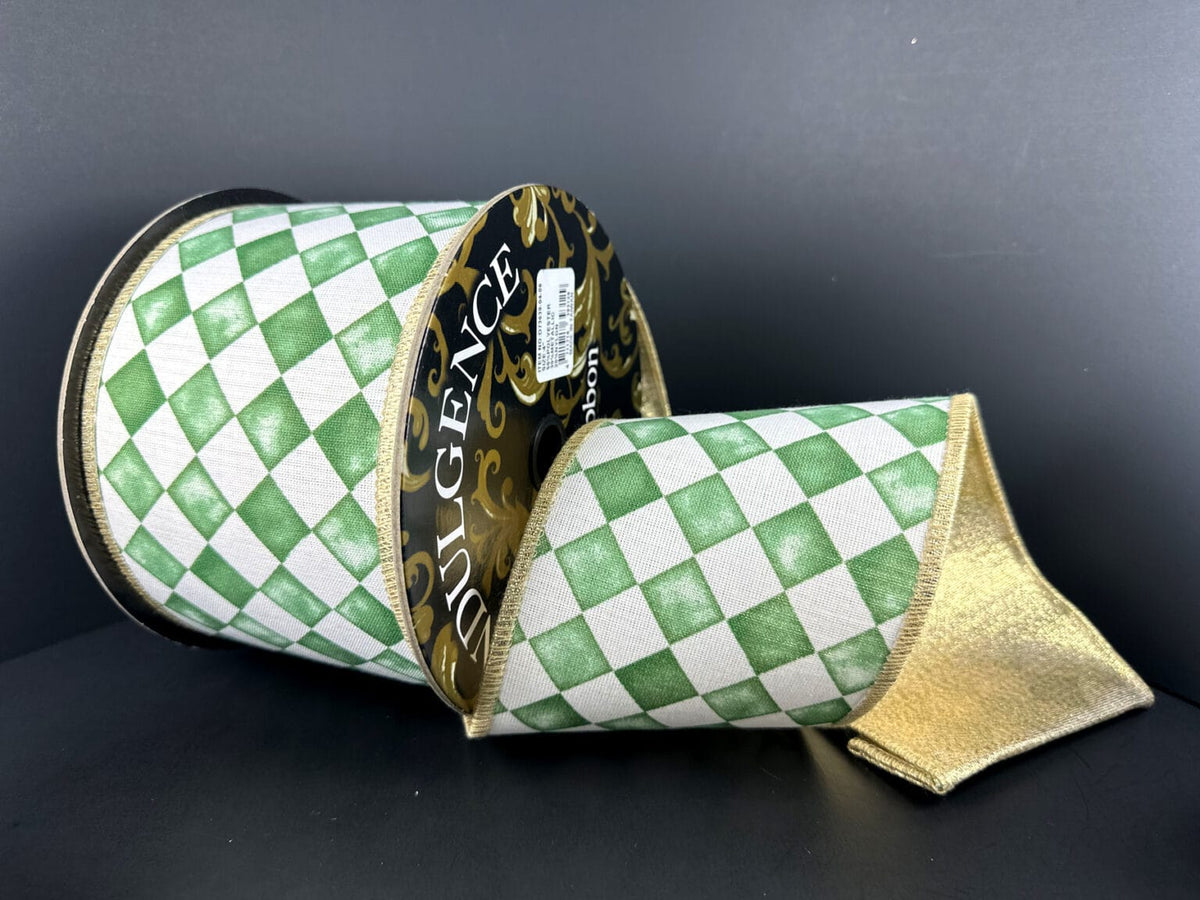 4"X10YD WATERCOLOR HARLEQUIN CHECK W/GOLD METALLIC BACK – SAGE Jascotina D73639-04-06