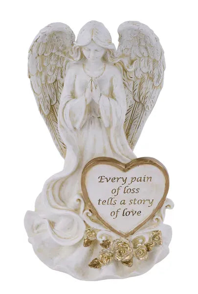 8.5"H x 5"L Praying Angel W/Heart/Roses - Beige/Gold Craig Bachman Memorial/Outdoor AK011332