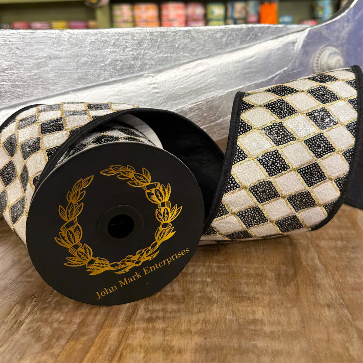 John Mark Ribbon - 4"x10yd - Harlequinn Sequin Metallic Dupioni