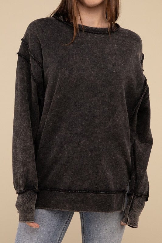 Acid Wash French Terry Exposed-Seam Sweatshirt ZENANA ASH BLACK / S/M 1000002107310