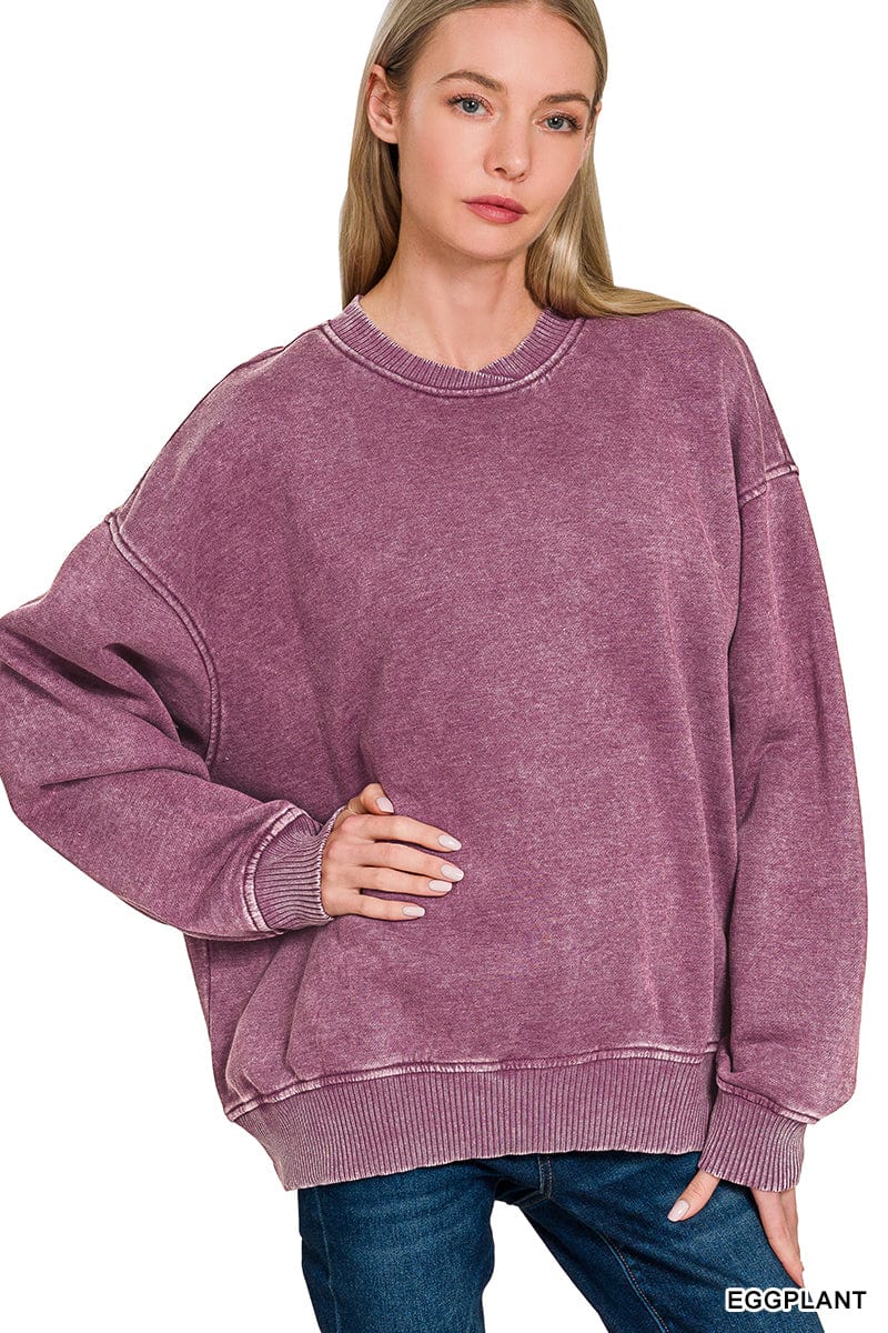 ACID WASH OVERSIZED FLEECE PULLOVER ZENANA