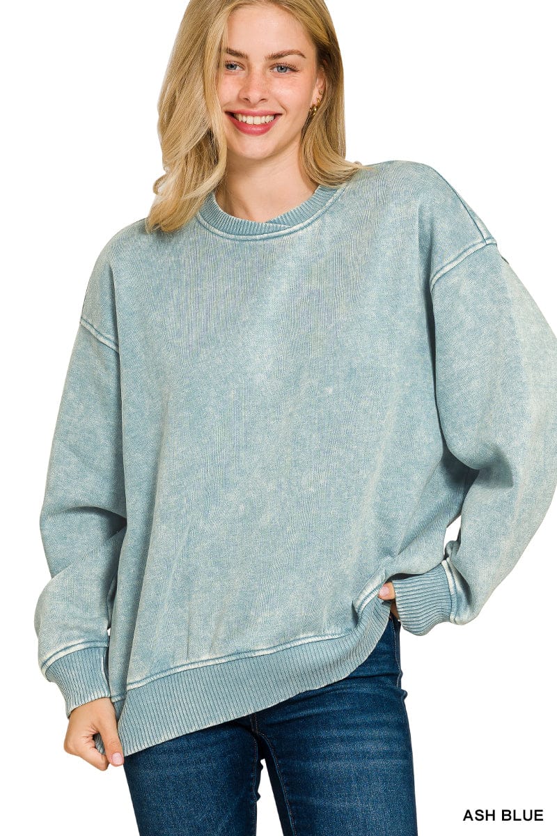 ACID WASH OVERSIZED FLEECE PULLOVER ZENANA