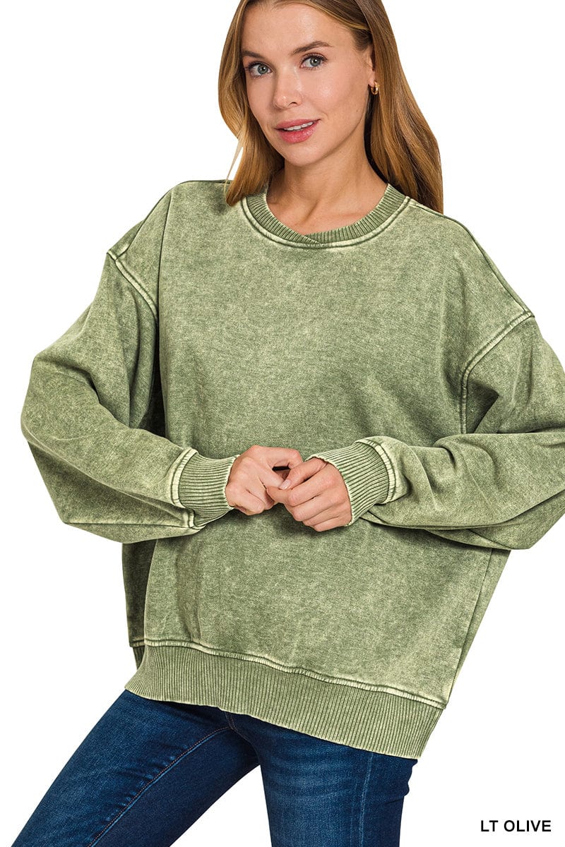ACID WASH OVERSIZED FLEECE PULLOVER ZENANA