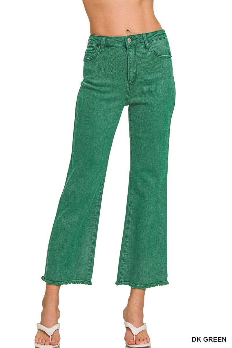 ACID WASHED HIGH WAIST FRAYED HEM BOOTCUT PANTS ZENANA