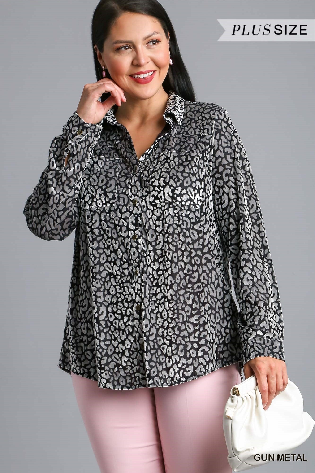 Animal Print Long Sleeve Velvet Button up Top with Pockets UMGEE