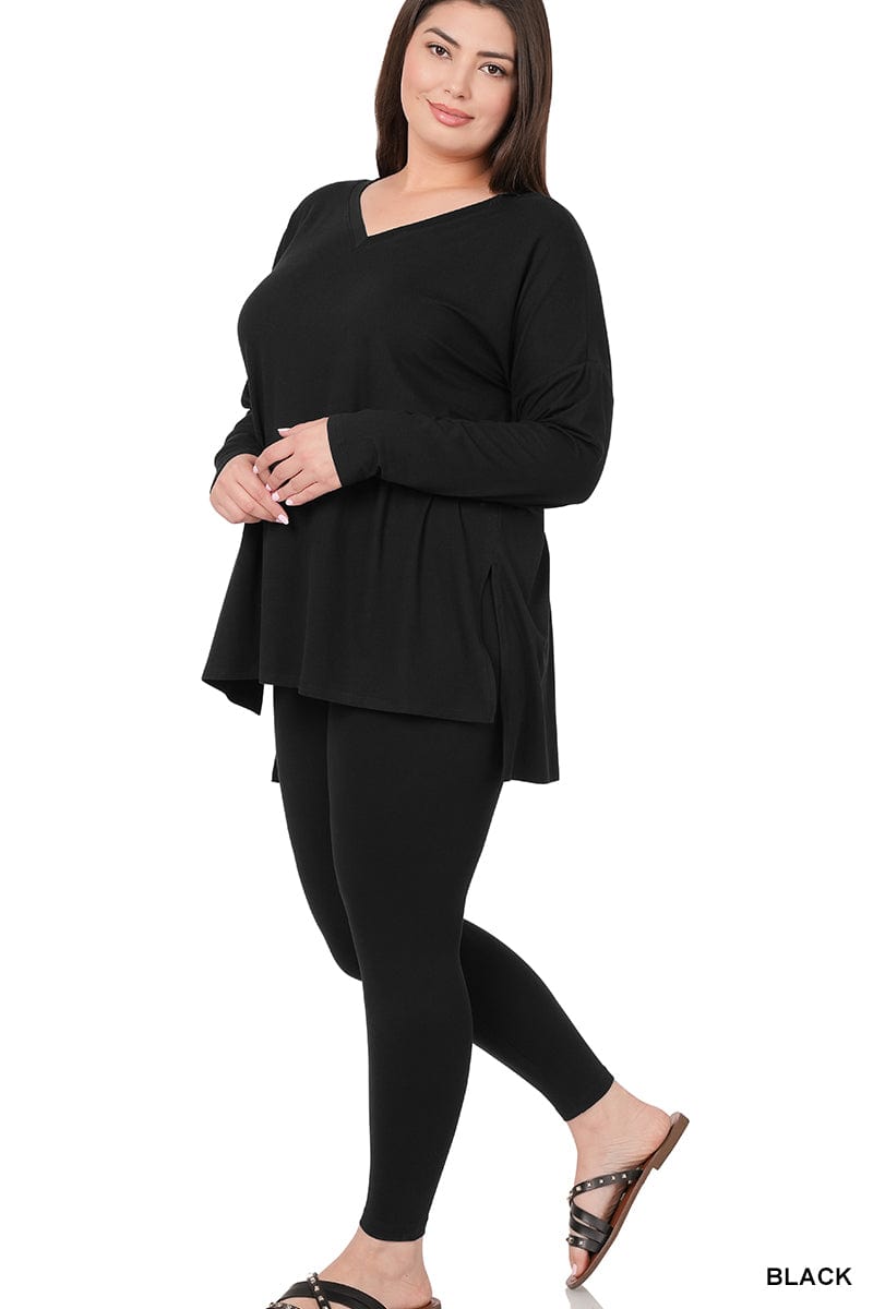 BRUSHED DTY MICROFIBER LOUNGEWEAR SET-Black Zenana