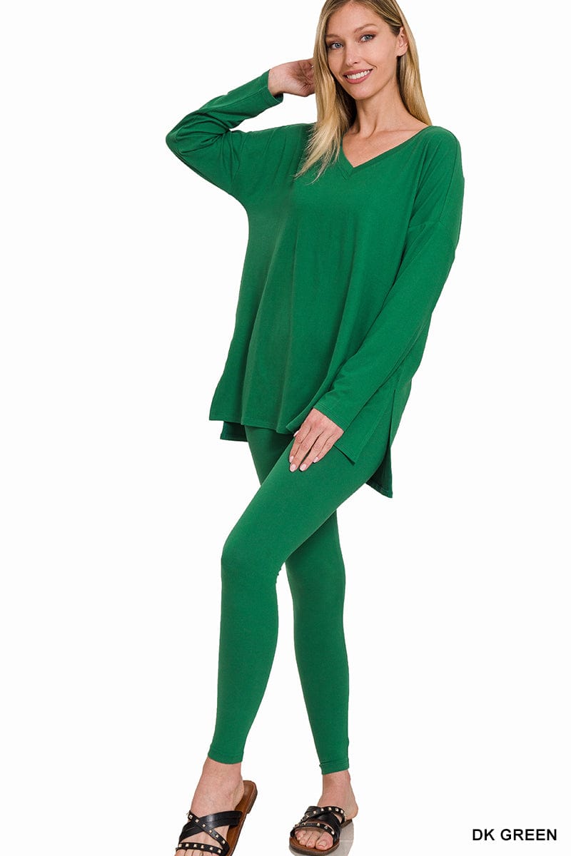 BRUSHED DTY MICROFIBER LOUNGEWEAR SET-Dk Green Zenana