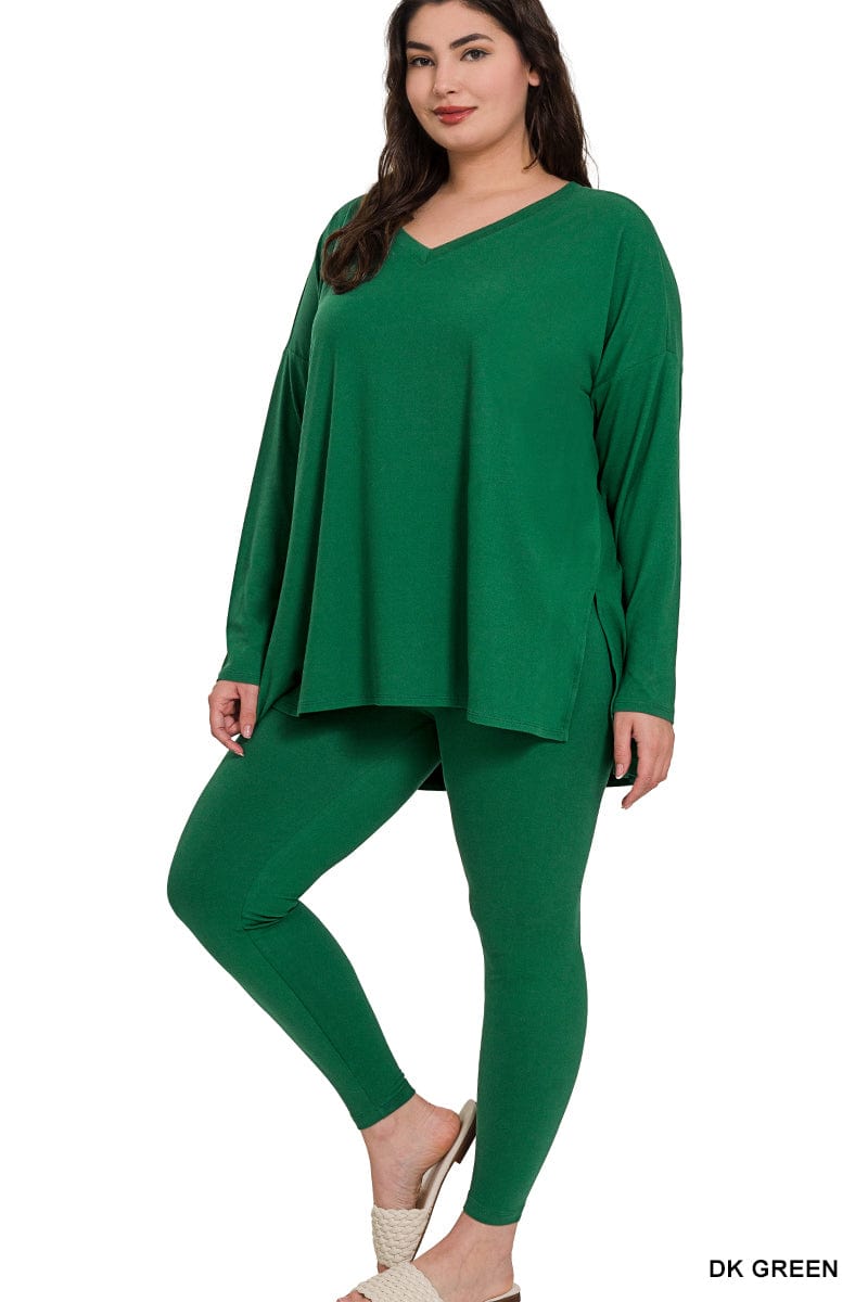 BRUSHED DTY MICROFIBER LOUNGEWEAR SET-Dk Green Zenana