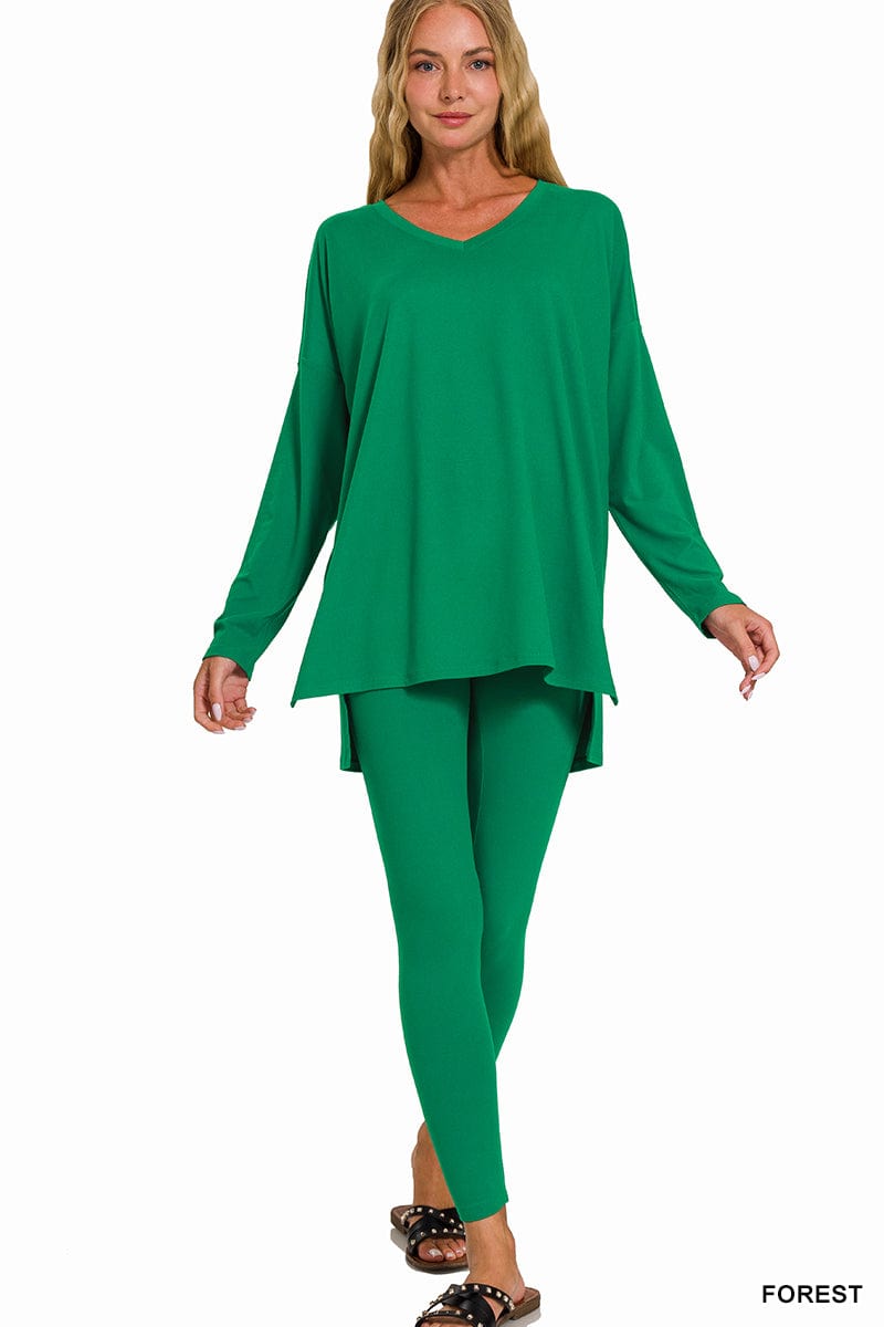 BRUSHED DTY MICROFIBER LOUNGEWEAR SET Forest Green Zenana