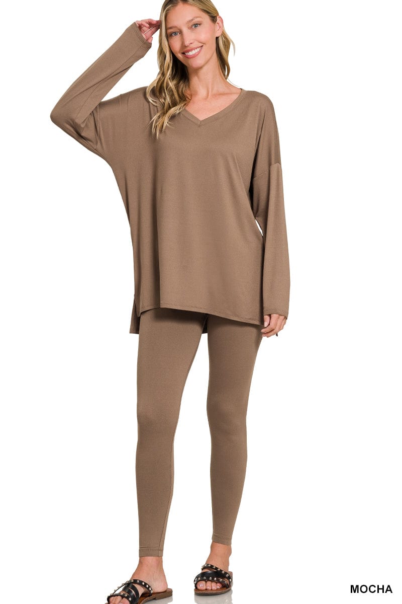 BRUSHED DTY MICROFIBER LOUNGEWEAR SET-Mocha Zenana