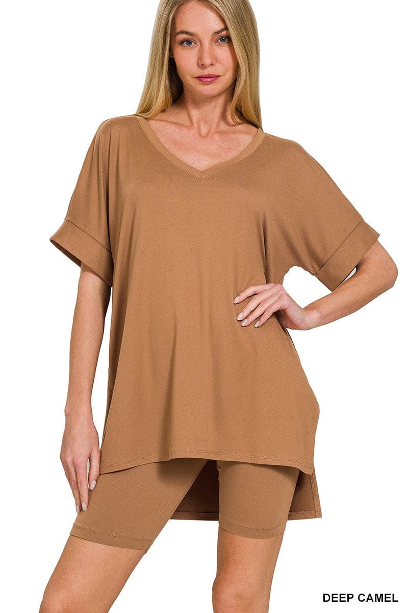 BRUSHED DTY MICROFIBER V-NECK TOP & BIKER SHORTS-Deep Camel Zenana