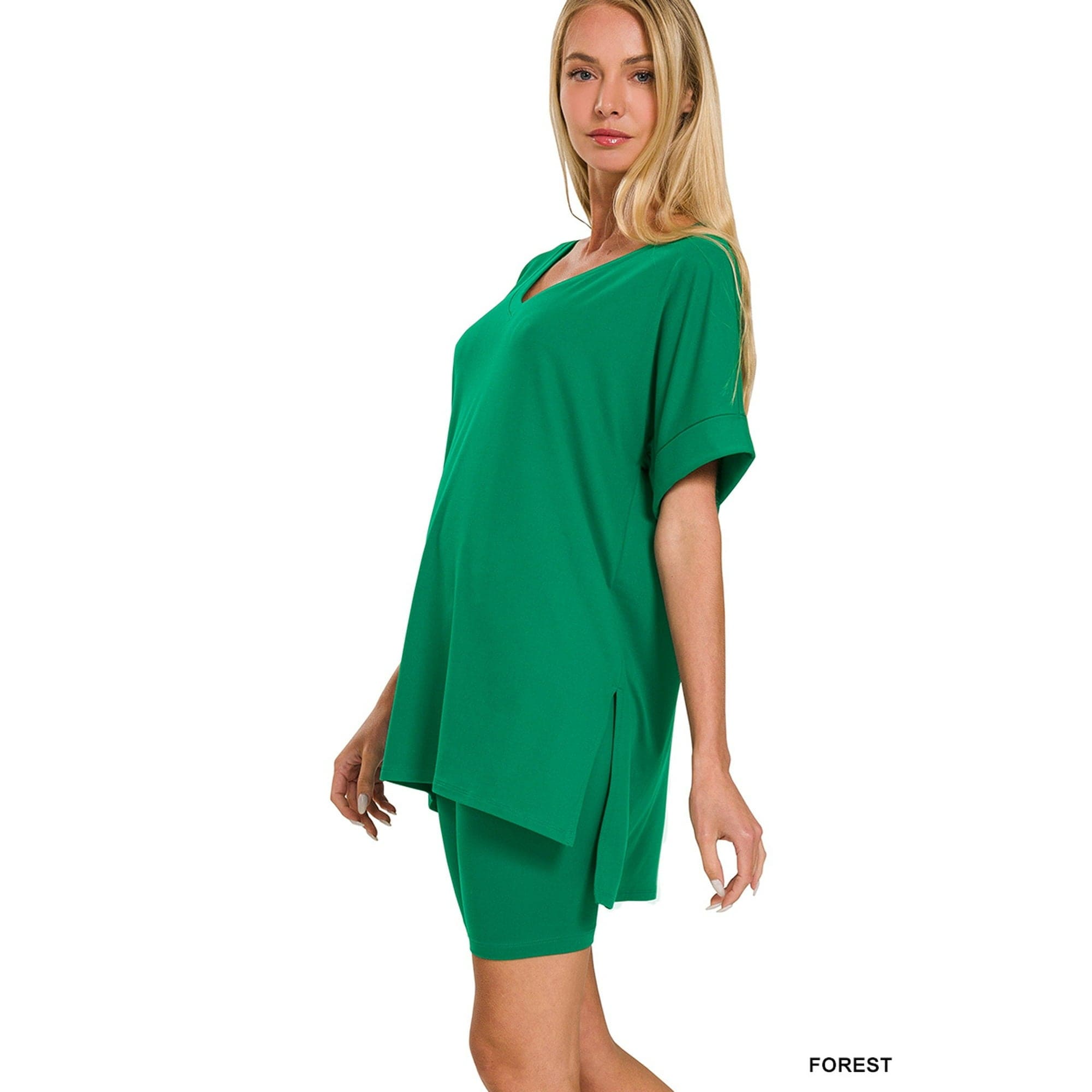 BRUSHED DTY MICROFIBER V-NECK TOP & BIKER SHORTS-Forrest Green Zenana