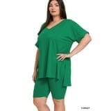 BRUSHED DTY MICROFIBER V-NECK TOP & BIKER SHORTS-Forrest Green Zenana