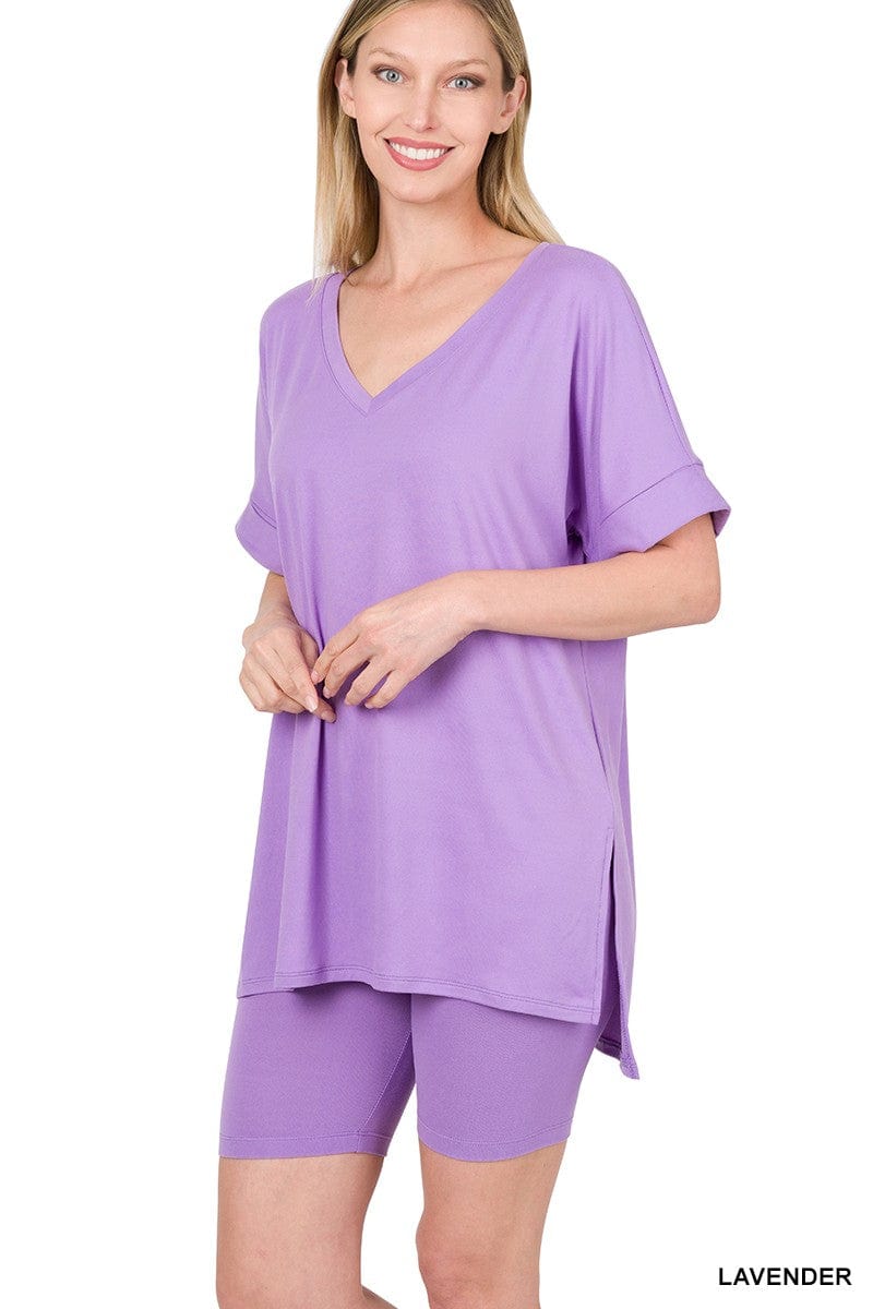 BRUSHED DTY MICROFIBER V-NECK TOP & BIKER SHORTS-Lavender Zenana