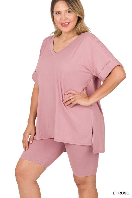 BRUSHED DTY MICROFIBER V-NECK TOP & BIKER SHORTS-Lt Rose Zenana