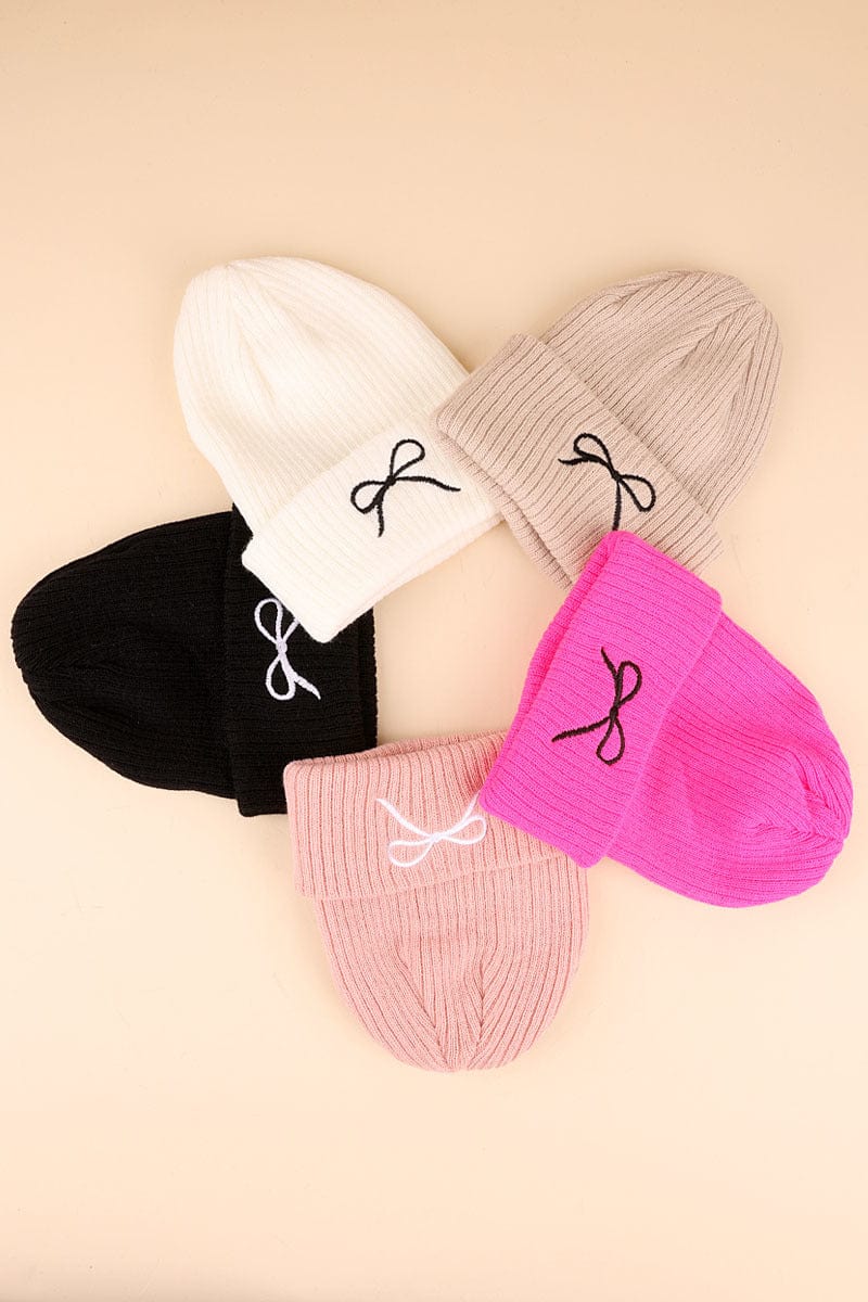 COQUETTE RIBBON BOW EMBROIDERY KNITTED BEANIE ZENANA