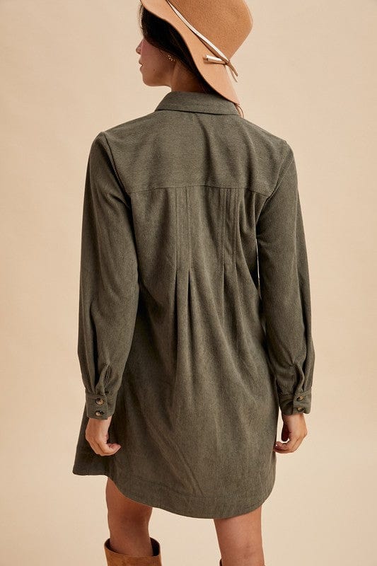 Corduroy Pintuck Detail Mini Shirt Dress-AnnieWear AnnieWear