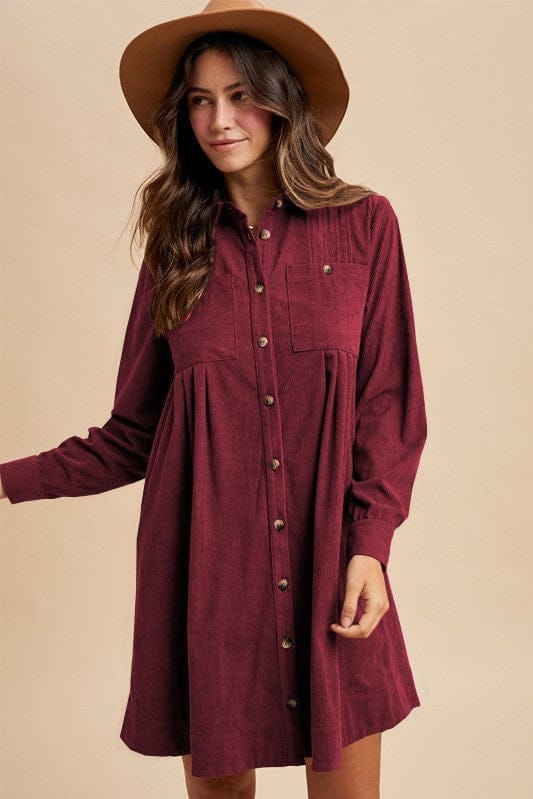 Corduroy Pintuck Detail Mini Shirt Dress-AnnieWear AnnieWear