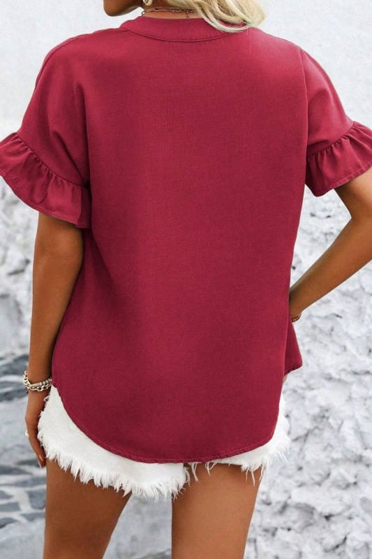 Cotton Linen Pleated Button Down Mandarin Collar Top-CRIMSON AIWEE