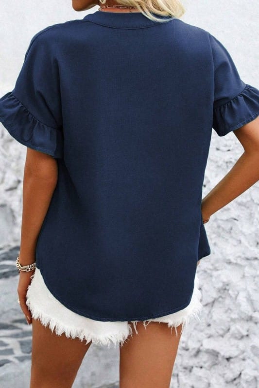 Cotton Linen Pleated Button Down Mandarin Collar Top-NAVY AIWEE