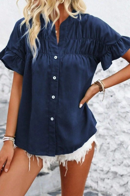 Cotton Linen Pleated Button Down Mandarin Collar Top-NAVY AIWEE S AXR530