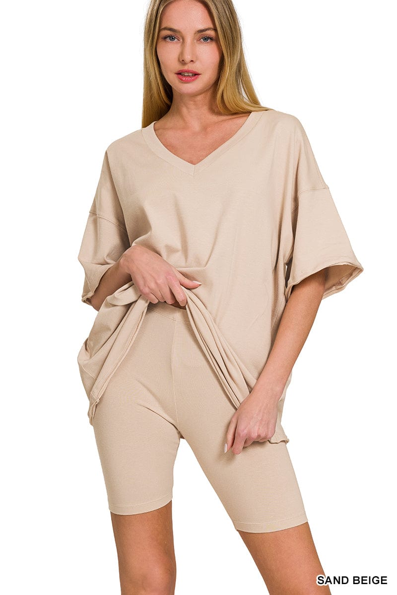 Cotton V- Neck Top & Biker Short Set -Variety Colors Available ZENANA