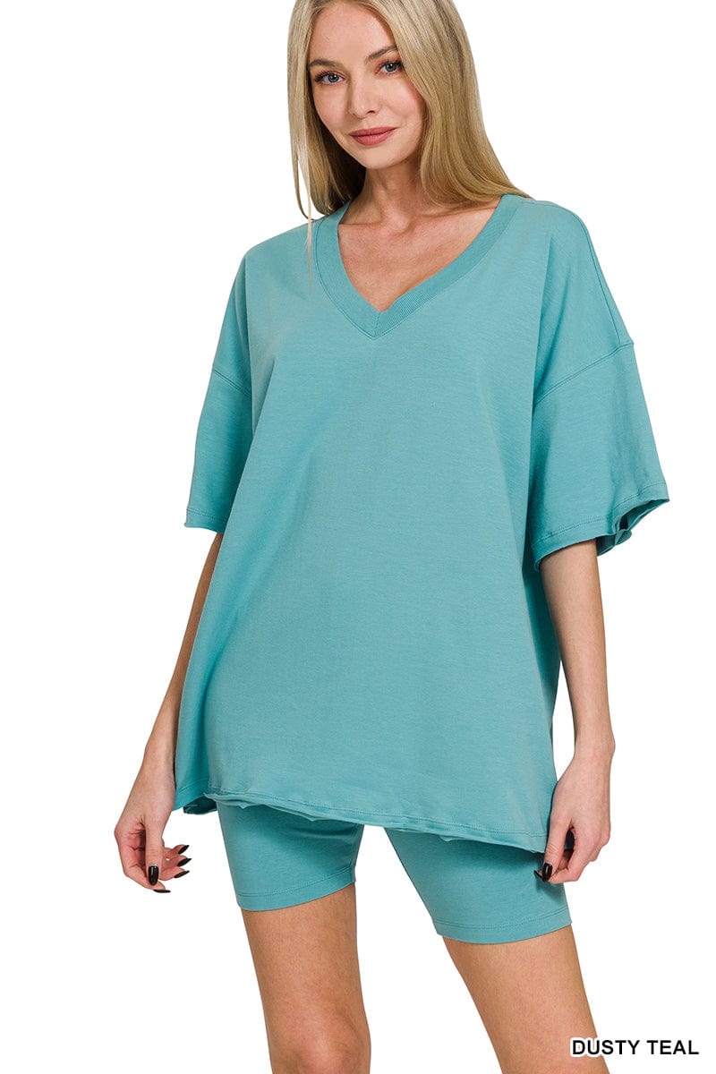 Cotton V- Neck Top & Biker Short Set -Variety Colors Available ZENANA